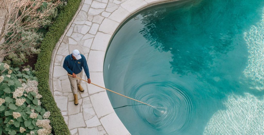 Top-down view, close-up photo of the curvilinear pool edge coping, and clean stone coping. A stunning modern New England estate, captured in the style of Slim Aarons. Green, lush, formal, contemporary garden. a male pool technician performing pool service actions at the edge of a swimming pool wearing un-branded uniform with a navy blue crew neck shirt and kahki work pants with work boots. he's holding a long pool pole with a pool skimmer net in the water The villa’s manicured gardens and luxurious turquoise infinity pool are visible, as well as a New England-style setting, and popular choices like Hosta, Japanese Maple, and Oakleaf Hydrangea. The scene radiates high-end leisure and style, vibrant yet refined, with Slim Aarons’ signature opulent atmosphere. --chaos 10 --ar 3:2 --profile kraareu --stylize 50 --v 7 Job ID: 333e1e50-d80c-487a-9348-b89c39a03d5d